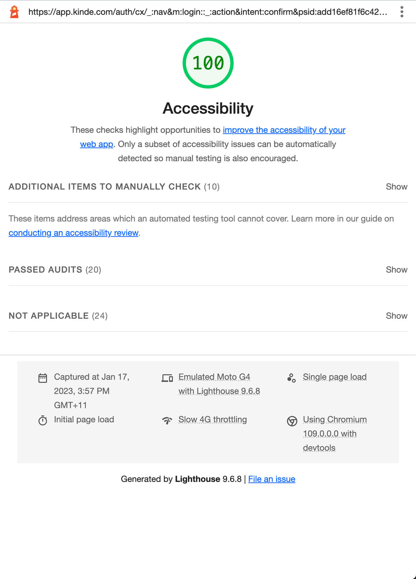 Screenshot of Kinde’s sign in page being tested using Lighthouse